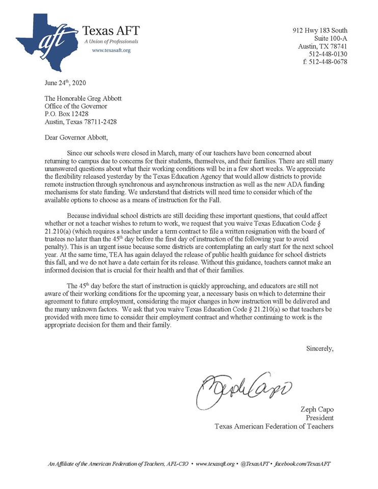 Texas Aft Letter To Governor Abbott Teachers Need Time Texas Aft