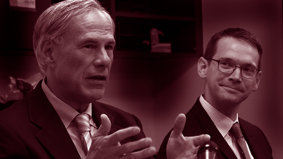 Photo of Governor Greg Abbott and T-E-A Commissioner Mike Morath