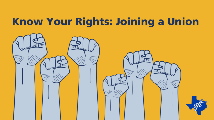 Text says "Know Your Rights: Joining a Union." Graphic shows six illustrated fists raised in solidarity.