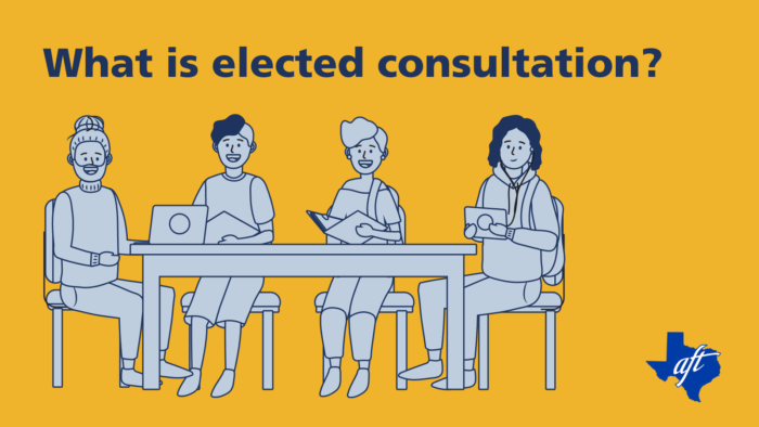 Text says, "What is elected consultation?" Illustration shows four people smiling at a table.