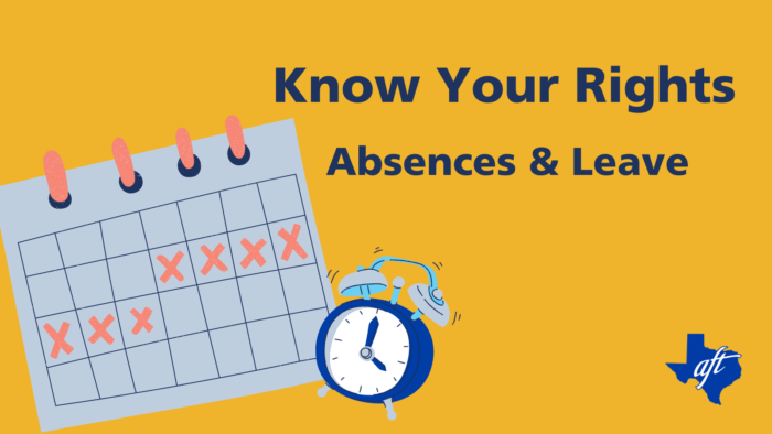 Text says "Know Your Rights, Absences and Leave." Illustrations show a calendar with days marked by X's and an alarm clock.