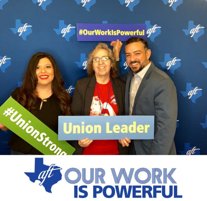 Veronica Hernandez, Representative Mary Gonzalez, and Senator Cesar Blanco pose for a photo with signs that say "Union Leader," "Hashtag Union Strong," and "Hashtag Our Work Is Powerful."